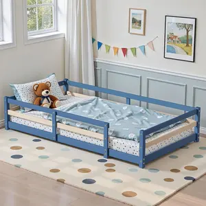 NEKODO Twin/Full Size Montessori Bed, Solid Wood Floor Bed Frame with Safety High Fence, Montessori Floor Bed with Rails for Boys Girls, Blue Gray