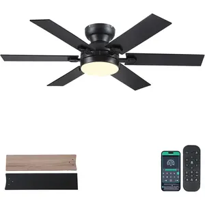 52" Low Profile Ceiling Fans with Lights and Remote,Black Outdoor Ceiling Fans with Quiet DC , Dimmable 6 Speeds Reversible,Modern Flush Mount Light Fans for Living Room Patio Kitchen