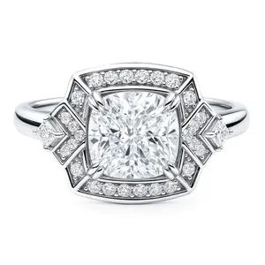 Halo Arrow Art Deco Cushion CZ Ring in Sterling Silver