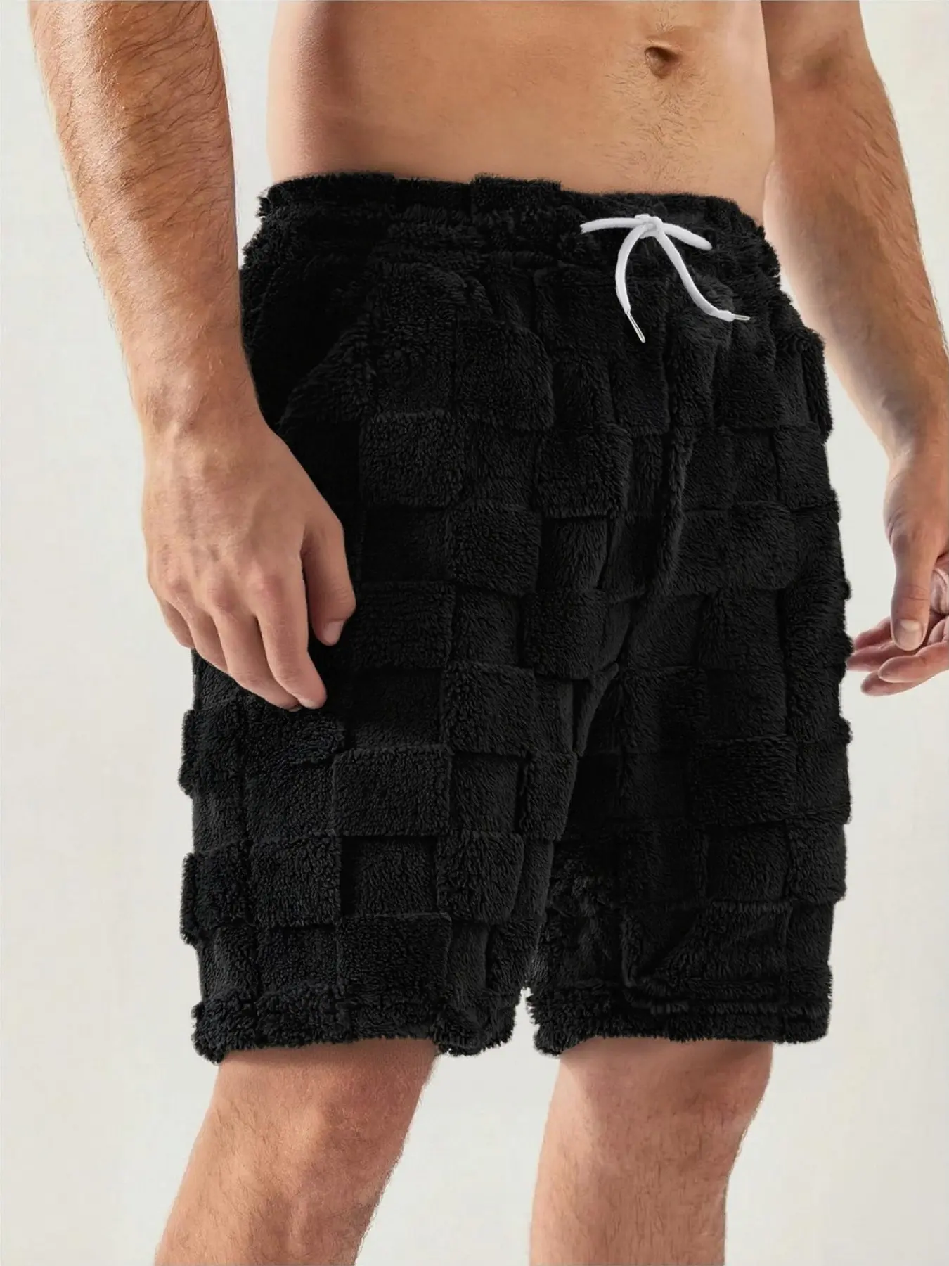 Men's Soft Velour Plaid Warm Shorts with Drawstring Waistband, Casual Home Wear, Comfortable Lounge Shorts, All-Season Fashion