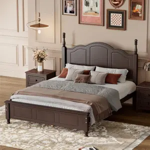 Full Size Retro Wood Bed Frame Retro French Country Design, Solid Pine, No Box Spring Needed, 400LBS Capacity, Easy Assembly Dark Walnut