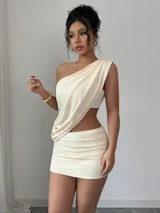 New Fashion Women's Asymmetrical One-Shoulder Top & High Waist Pleated Mini Skirt Set, Fitted, Stylish Casual, Spring & Fall Outfit