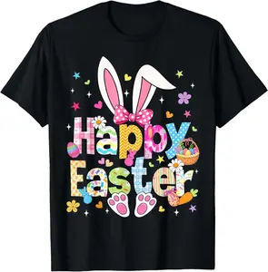 100% cotton Unisex Happy Easter 2026 Cute Bunny Rabbit Easter Day  Girls T-Shirt