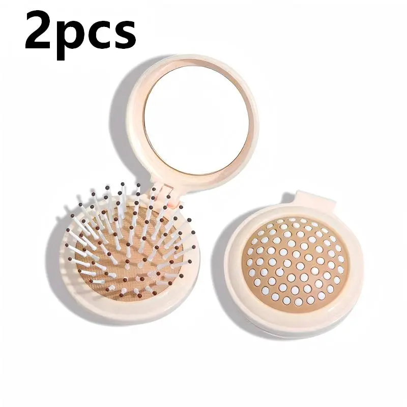 2pcs Mini Folding Hair Brush with Mirror – Portable Travel Comb Set for Purse, Easy Hair Touch-Ups Anytime Anywhere pocket size makeup tool