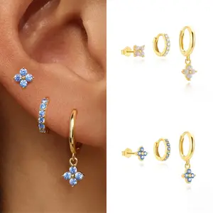 Classic Fashion Petal Flower Earrings Hoop Set with Opal &Blue Gemstone Inlay Dainty Floral Jewelry Everyday Earrings Gift for Her Bridesmaid Jewelry Hypoallergenic CZ Stud Earrings for Women Waterproof and Non Tarnish