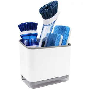 Sink counter caddy plastic dish sponge holder kitchen brush and scrubber organizer with drain tray white