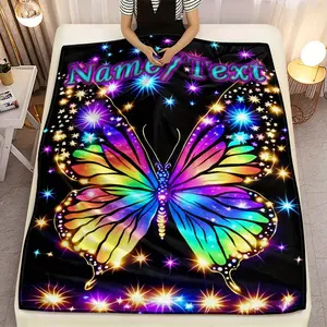 Customizable Name Butterfly Blanket - Vibrant Multi-Color Lightweight Flannel, Soft and Warm, Digital Print, Perfect for Sofa, Bed, Travel, Camping, Office - Durable Polyester, Suitable for All Seasons, Personalized Gift | Vivid Bedding | Custom Text Opti