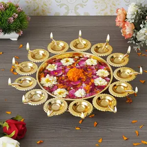 Diya Shape Decorative Urli Bowl for Home Metal Handcrafted for Floating Flowers and Tea Light Candles Home ,Office and Table Decor| Diwali Decoration Items ( 14 Inches), Gold JaipurCrafts