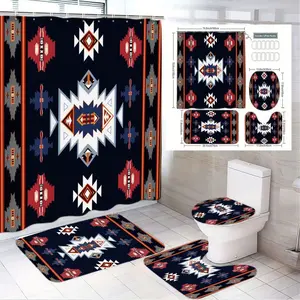 1/4pcs Native American Geometric Bathroom Set - Shower Curtain, Floor Mat, Small Bath Mat, Toilet Seat Cover with Red Blue White Orange Motifs on Dark Background, Tribal Diamond Triangle Design, Perfect for Boho Home Decor, Festive Holiday Bathroom