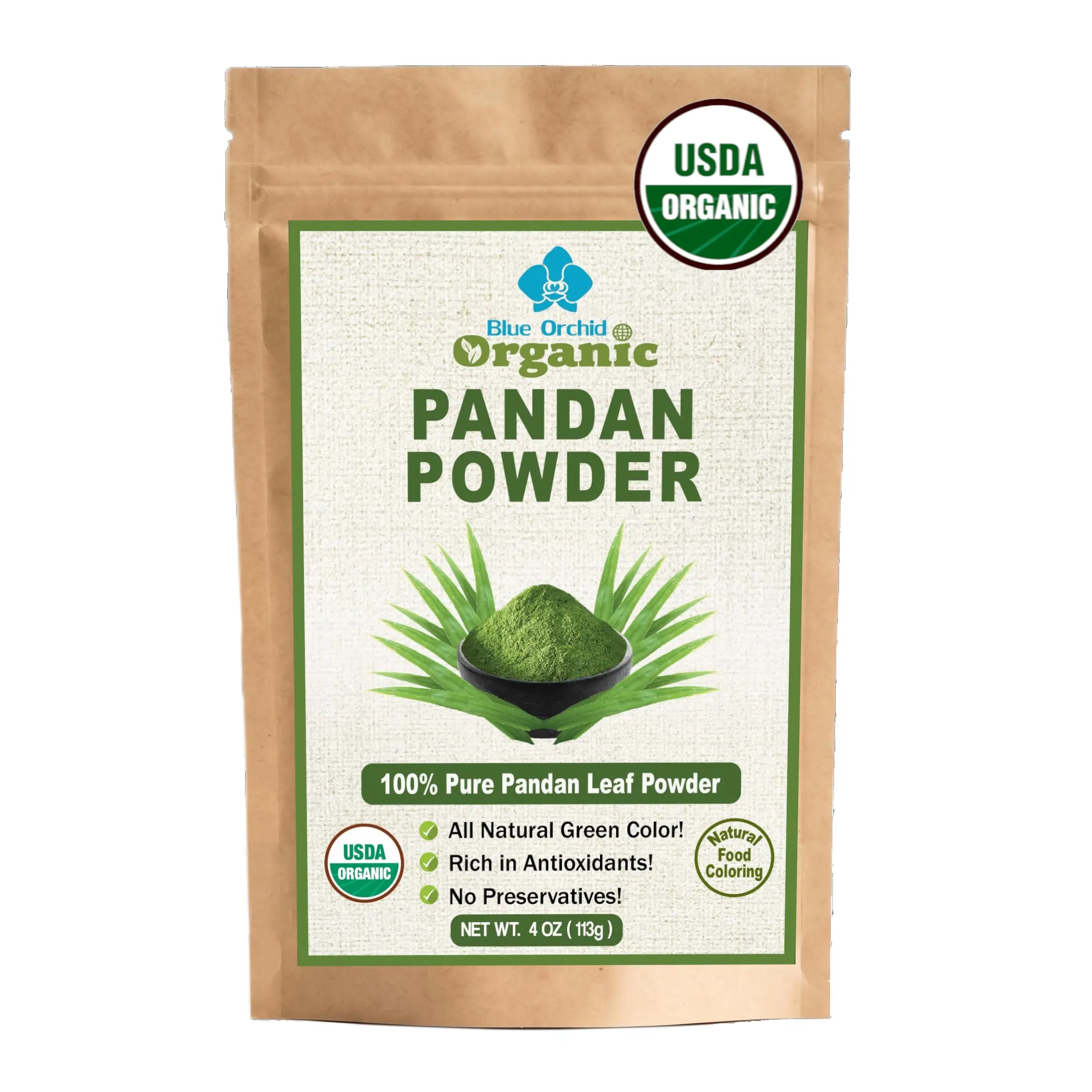 Organic Pandan Powder 4 OZ - Natural Green Food Coloring - Thai Herbal Aromatic Spice for Desserts Stews Curries Tea and Green Pandan Latte - Cut and Sifted