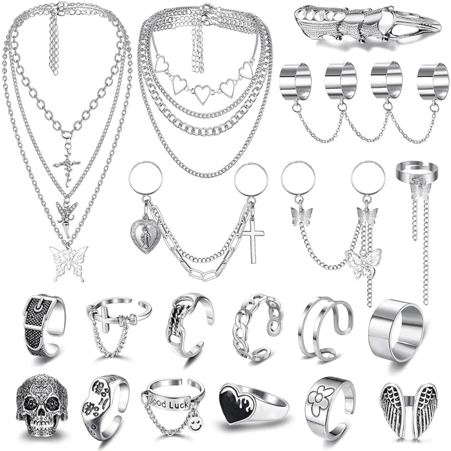 FINREZIO 19PCS Punk Chain Rings+ Layered Chain Necklace Set for Women Men, Cool Goth Punk Vintage Stackable Open Finger Rings Statement Pendant Choker Necklace Emo Y2K Jewelry nugget ring promise rings gf wedding ring set vintage jewelry initialnecklace