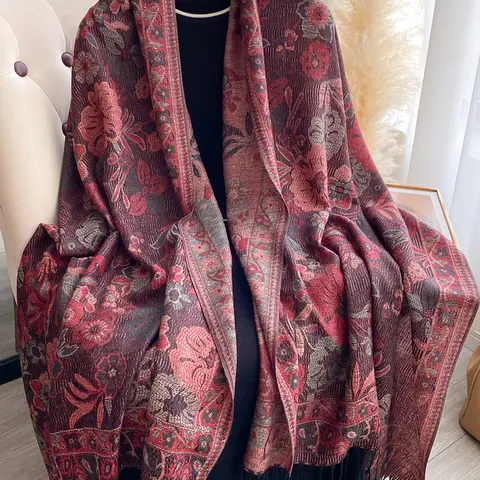 Elegant Boho Style Pashmina Scarf, Long Fringe Print Shawl, All-Season Woven Fabric, Beautiful Paisley Pattern Design, Fashion Shawl