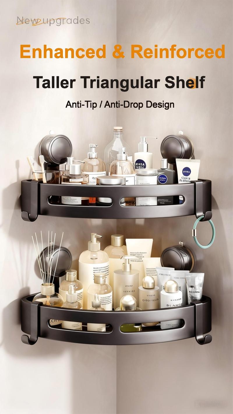 2026 upgraded new model-3-Pack Gun Gray Plastic Triangle Suction Cup ShowerCaddy 3-Tier Corner Shelves NoDrilling Bathroom Storage Rack 40lbs LoadCapacity with 6 Towel Bar Hooks(home essentials,bathroom accessories)