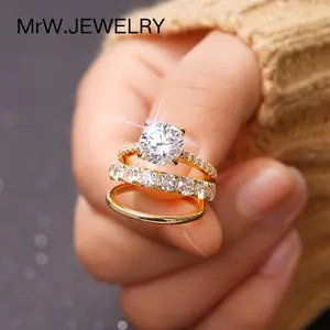 Engagement Oval Cut Cubic Elegant Ring Set of Three Inlaid Zirconia Graceful Diamond Rings for Weddings Parties Special Occasions Matching Rings