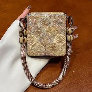 Luxury Brown Seashell Pattern Phone Case with Beads Woven Rope for Samsung Galaxy Z Flip 7 Z Flip 6 Z Flip 5 Minimalist Cover