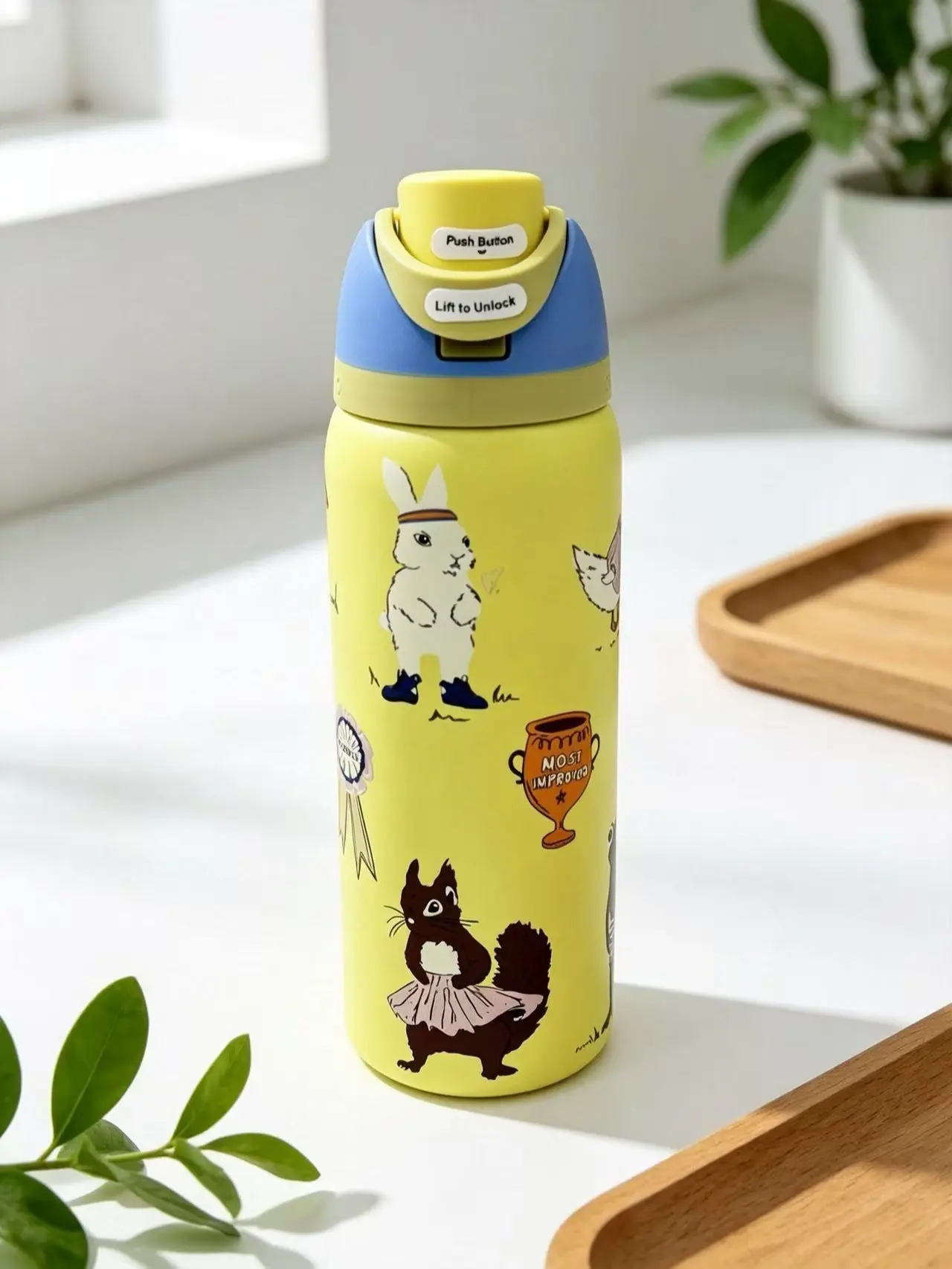 Owala 32oz Insulated Stainless Steel Water Bottle - Cute Yellow Party Animal Cartoon Print, Leakproof Lock Lid, Durable Outdoor Drinkware for Kids' Adventures, School & Daily Carry, Reusable Washable, Keeps Drinks Fresh Portable Tumbler Bottled Mug Cup