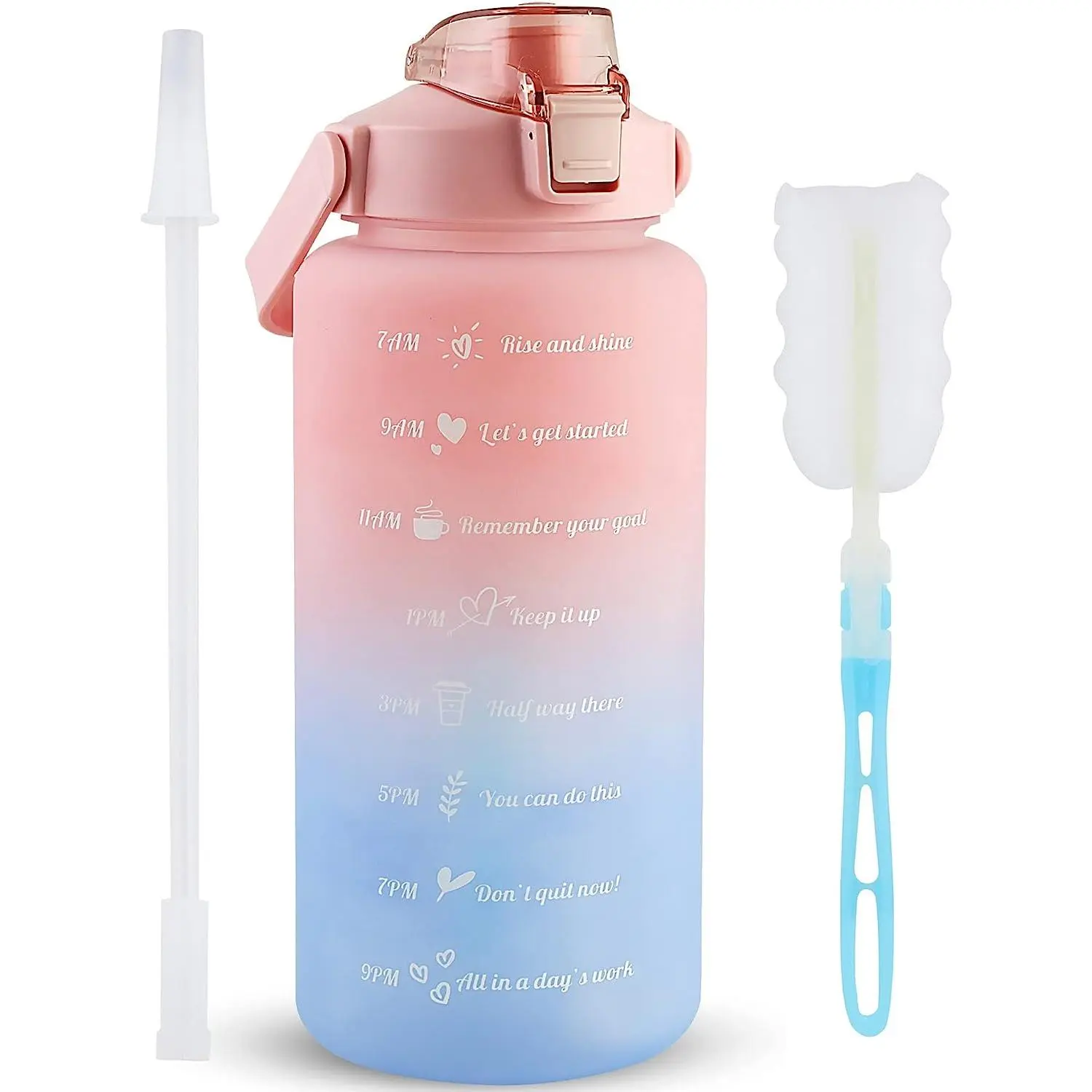 Mint Berry 64 OZ/Half Gallon Water Bottle Jug, Motivational Time Marker Straw with Brush Leakproof BPA Free Reusable, Drink Enough Water Daily for Fitness, Gym, Outdoor Sports Activity (Pink Blue)