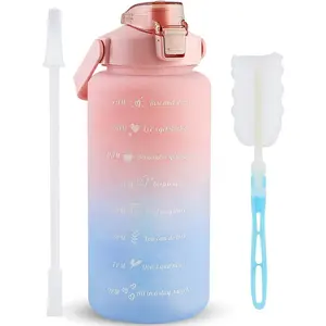 Mint Berry 64 OZ/Half Gallon Water Bottle Jug, Motivational Time Marker Straw with Brush Leakproof BPA Free Reusable, Drink Enough Water Daily for Fitness, Gym, Outdoor Sports Activity (Pink Blue)