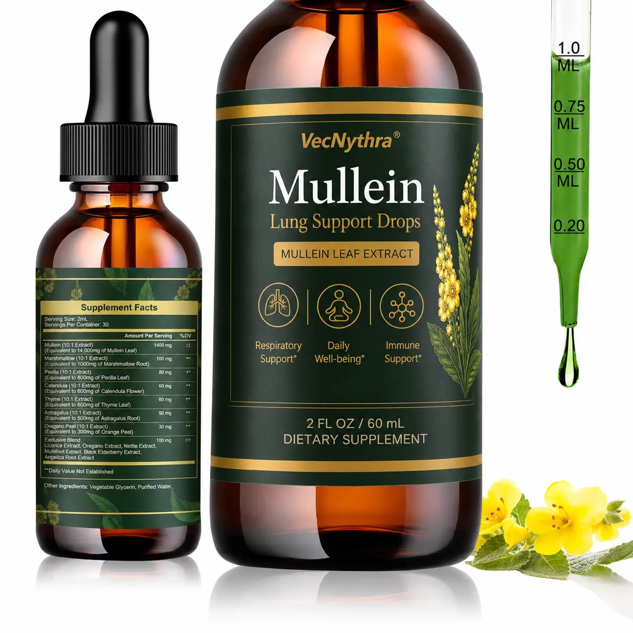 VecNythra Mullein Leaf Drops | Mullein Leaf Extract & Licorice Root | Lung Cleanse & Respiratory Support | Plant-Based Immune Support | 2 fl oz Healthcare Supplement