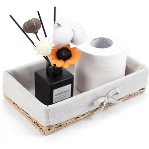 Bathroom Tray Wicker Toilet Paper Basket Toilet Tank Trays for Countertop Storage Behind Bathroom Tray Organizer Toilet Tank Top Basket Suitable for Any Home Décor Style (9.8x5.9x2.36 In, Beige)