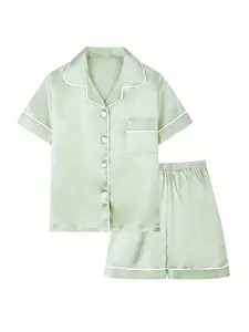 Kids Silk Satin Pajamas Set - Solid Color Short Sleeve Button Down Sleepwear for Toddler Girls Boys, Soft Luxury Pjs Matching Loungewear Shorts Set, Comfy Toddler Nightwear Summer Homewear Set Birthday Gift