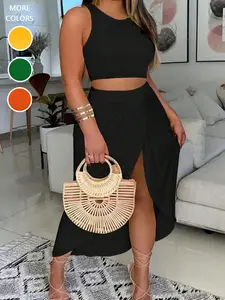 Women's Solid Crop Tank Top & Skirt Two-piece Set, Casual Fashion Cozy Two Piece Outfits for Daily Outdoor Wear, Women Clothes for Spring Fall