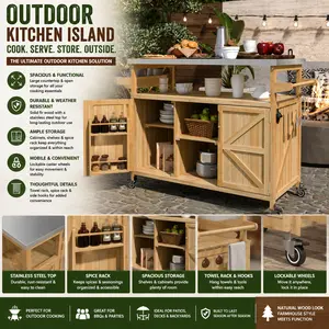 Outdoor Kitchen Island with Stainless Steel Top and Storage Cabinet Rolling Bar Cart for Patio Backyard BBQ Prep Station Heavy Duty Wood Grill Table with Spice Rack and Towel Holder for Outdoor Cooking and Entertaining