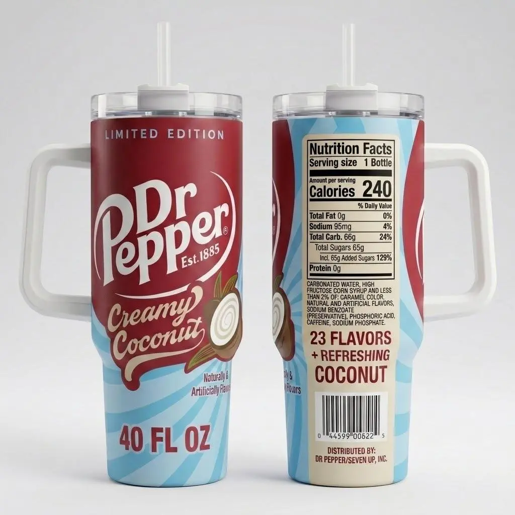 Dr. Pepper Creamy Coconut 40oz Tumbler With Handle, Soda Lover Stainless Steel Travel Mug, Limited Edition Dr. Pepper Inspired Quencher Cup, Gift for Soft Drink Fans