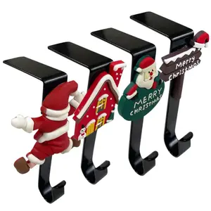 4pcs Xmas Hanging Hooks for Stockings Cartoon Santa Design Christmas Stocking Holders Metal for Mantle Fireplace Set of 4