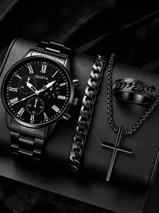 4pcs/Set Casual Business Men's Quartz Watch Set, Including 1pc Men's Quartz Watch And All-Black Accessory Set (Metal Band Roman Numeral Chronograph Watch, Chain Bracelet, Cross Necklace, Textured Ring)