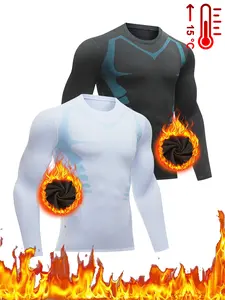 Men's 2PCS Thermal Long Sleeve Compression Top Crew Neck Slim Fit T-Shirt for Sports Running Fitness Yoga Outdoor Activity Warm Plain