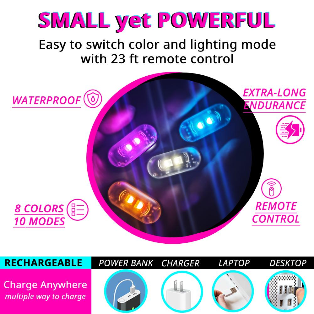 RGB Underglow Light Kit for Car Truck SUV, 10 Mode Wireless LED Atmosphere Lights, Interior Exterior Ambient Lighting Accessories DIY Waterproof Decorative Work Light, Rock Light Style Accent Kit Enhances Vehicle Aesthetic, USB rechargeable Remote Control