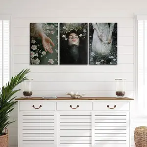 3-Piece Victorian Canvas Wall Art Set Featuring a Girl in Water Lily with Dark Academia and Gothic Cottagecore Aesthetics, Beautiful Girl Posters for Living Room, Bedroom, or Bathroom Home Decoration.