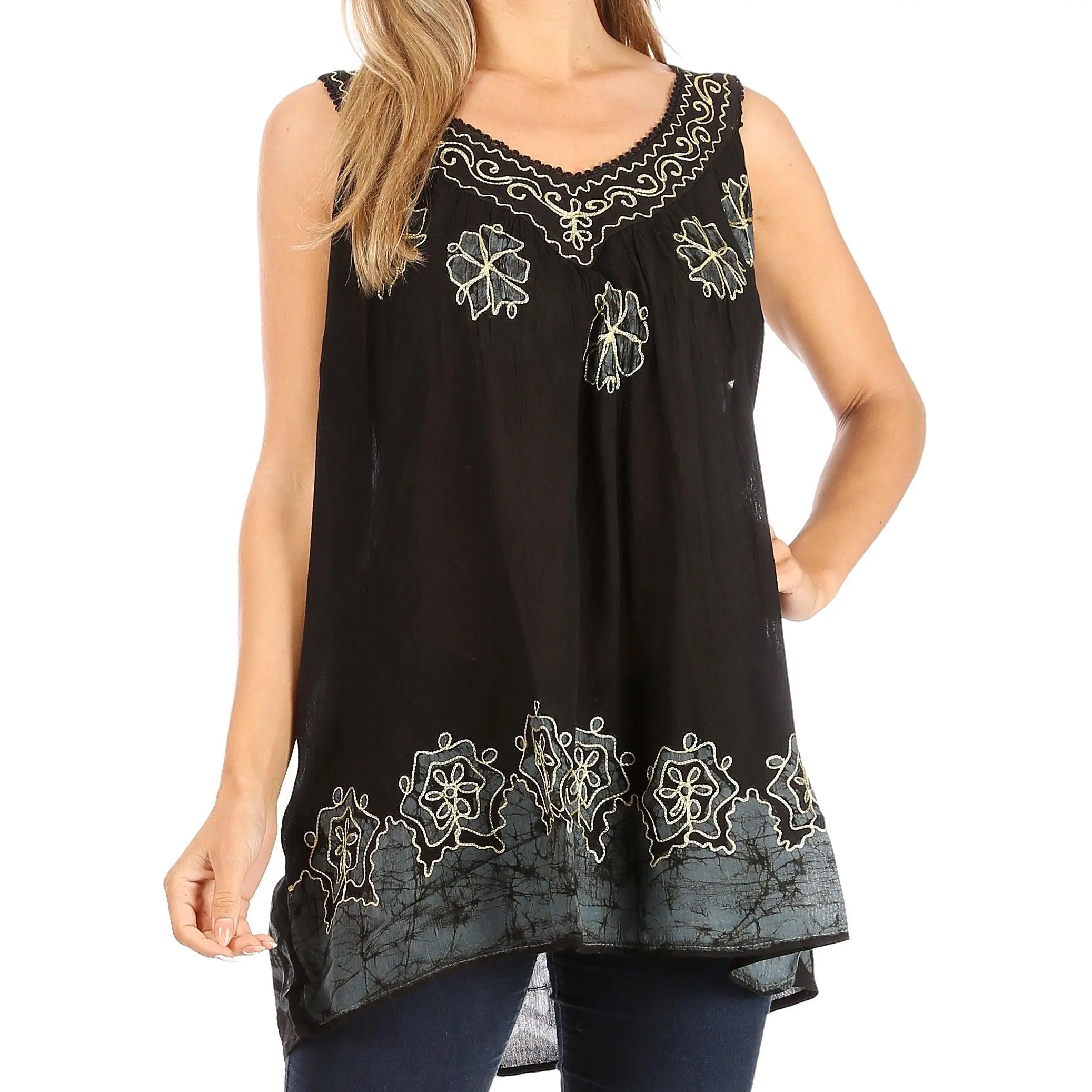 Sakkas Batik Embroidered V-Neck Sleeveless Blouse