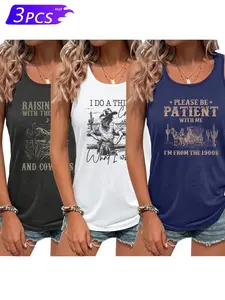 Western Cowboy Print Casual Sleeveless Fitted Tank Top Set, Soft Stretchable, Four Seasons Wear, Women's Fashion