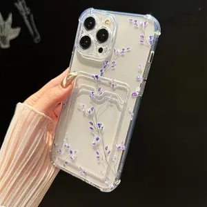 Fashion floral shockproof TPU phone case for iPhone 16/15/14/13/12/11 ProMax Plus, four-corner protection, lightweight and portable, transparent black, suitable for storing idol cards, credit cards, ID cards, postcards, Polaroid photos