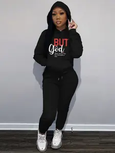 Women's God Letter Print Casual Loose Sweatshirt Set, Round Neck Long Sleeve Pullover + Jogger Pants, Comfortable Daily Wear