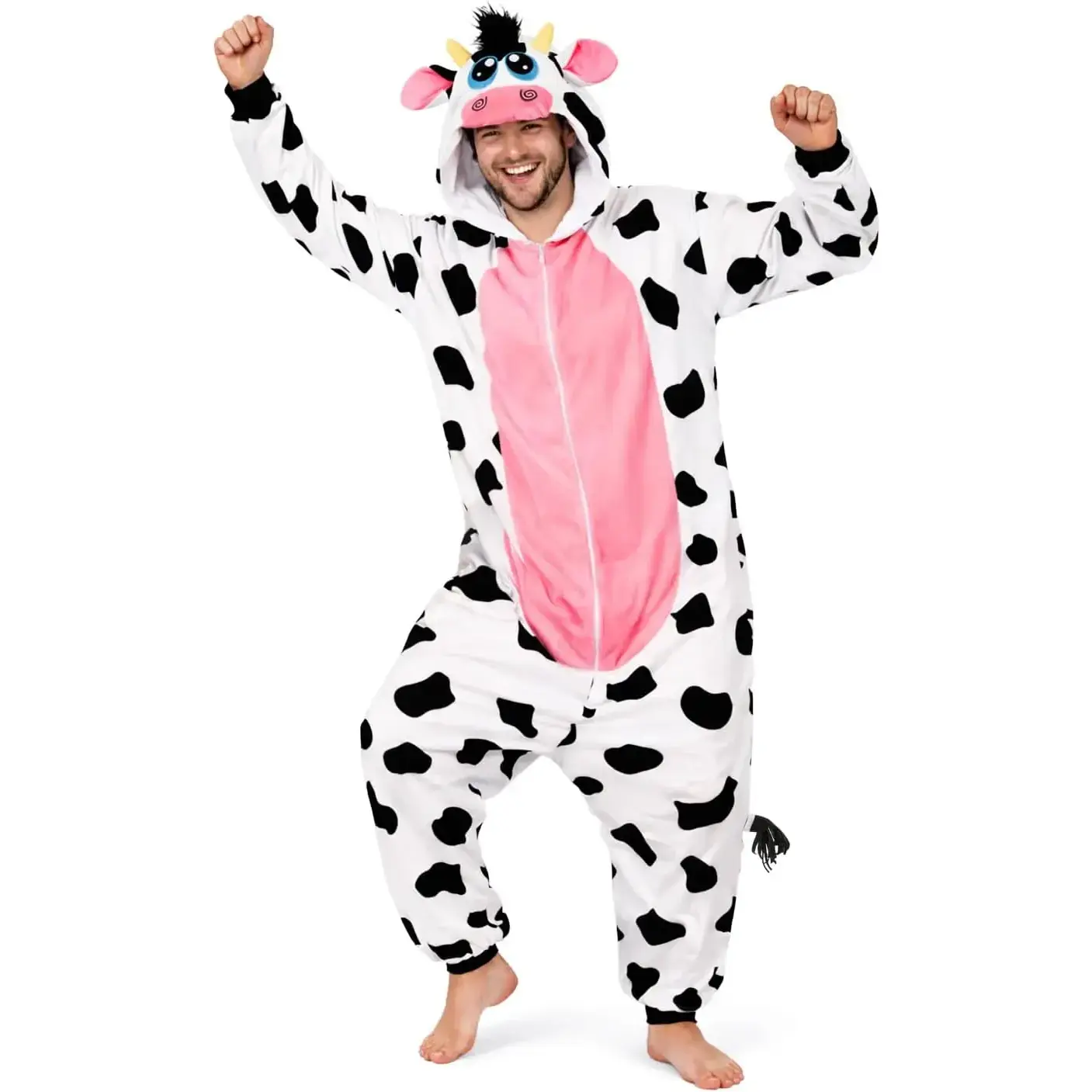 Adult Cow Onesie Costume - 3D Hooded Animal One-Piece Pajama for Halloween Men Women