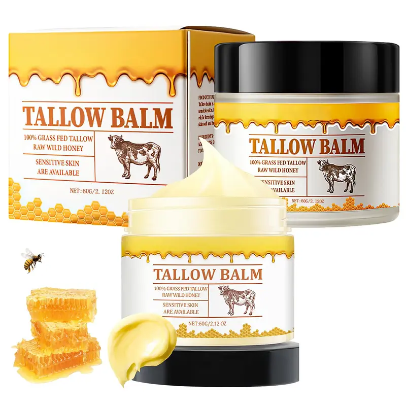 60g Grass-Fed Beef Tallow Cream Balm with Raw Wild Honey - Beef Tallow for Skin, Natural Moisturizing Body Care Product, Hydrate Dry Sensitive Skin, Daily Nourishing Solution