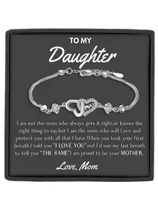 1Pc Double Heart Copper Zirconia Heart Cuff Bracelet for Daughter, I Love U Engraved, From Mom,Birthday Gift, Party Gift, Includes Card and Box, Bracelet Design, Copper Bracelets