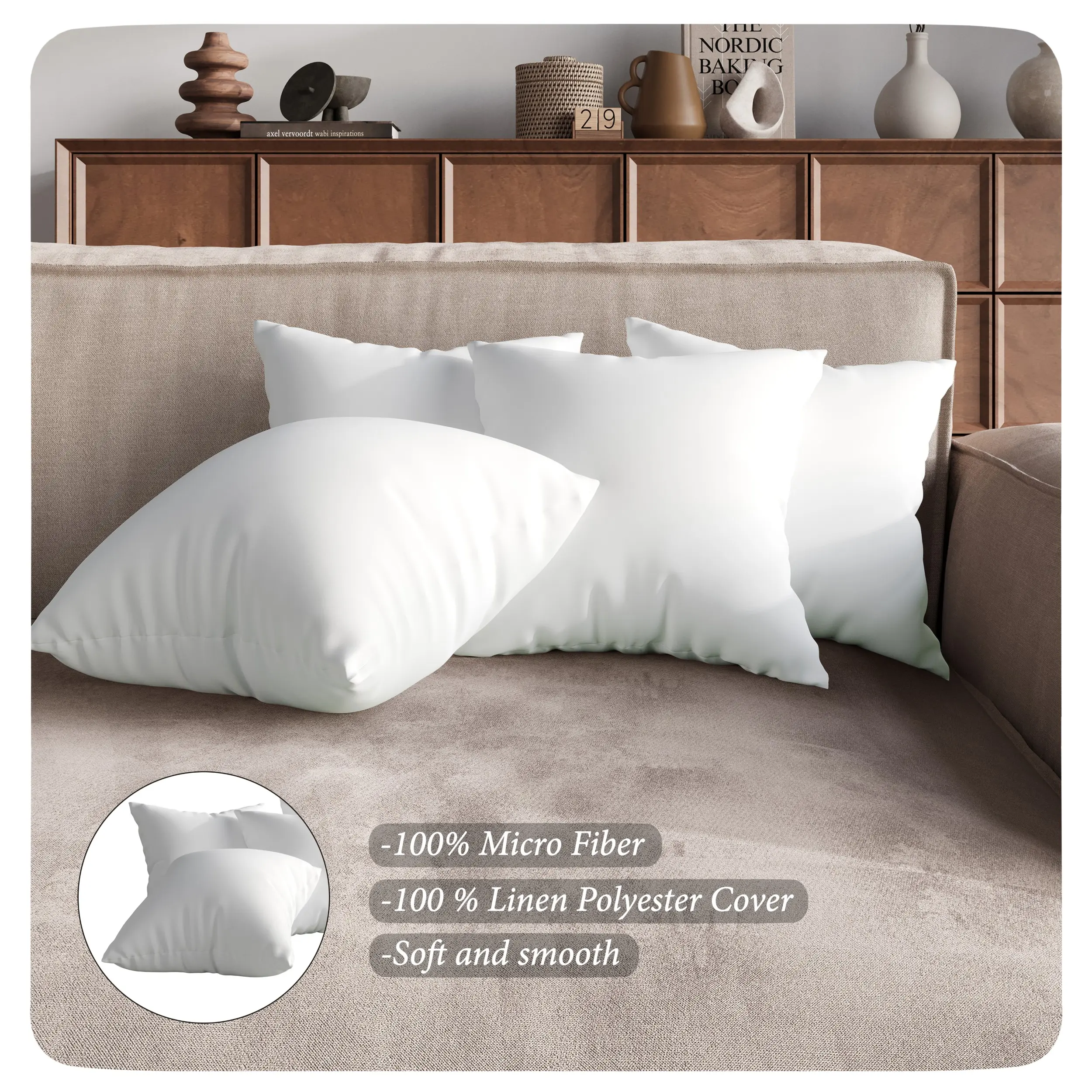 Favorer Calais Microfibre Decorative Throw Pillow Inserts (4-Pillow Set) - Breathable, Full Loft Hold, 12x12in & 16x16in Sizes (12–20" Options Included) for Sofa, Bedroom Decor