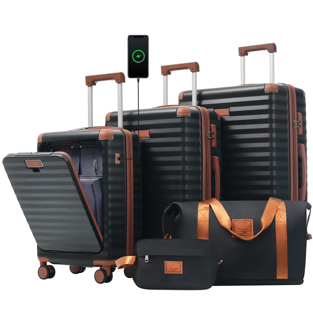 Luggage Sets 5 Piece, Front Open Hardshell Expandable Suitcase with Spinner Wheels and Duffel Bags,Lightweight Carry on Luggage with USB Port and Cup Holder,20/24/28IN, Black