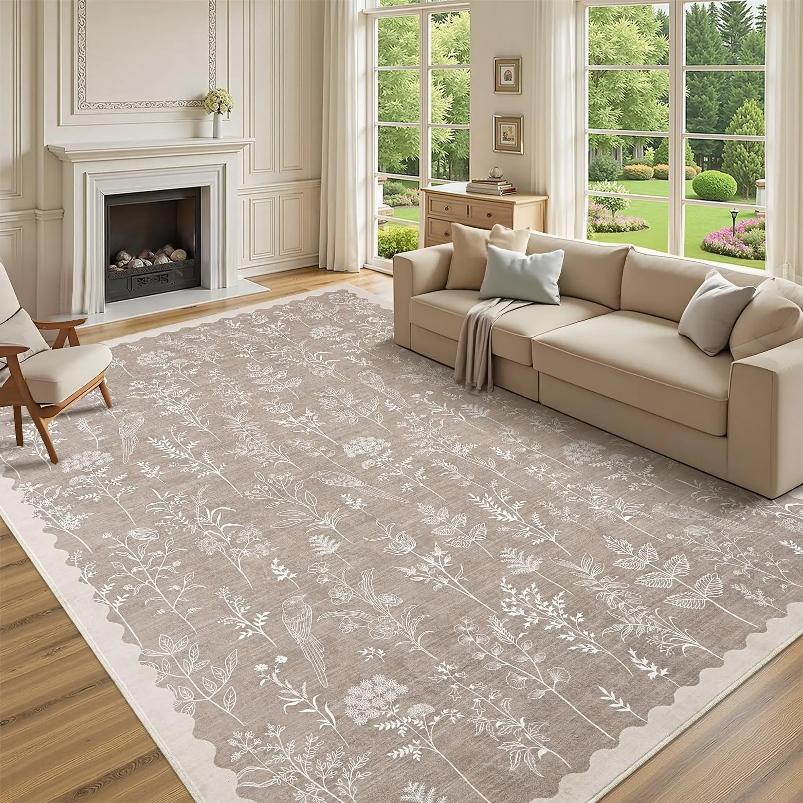 Living Room Rugs 8x10 Large Farmhouse Floor Carpet, Ultra-Soft Low Pile Indoor Mat, Non-Shedding Contemporary Accent Rugs, Machine Washable, for Dining Room, Office, Light Brown