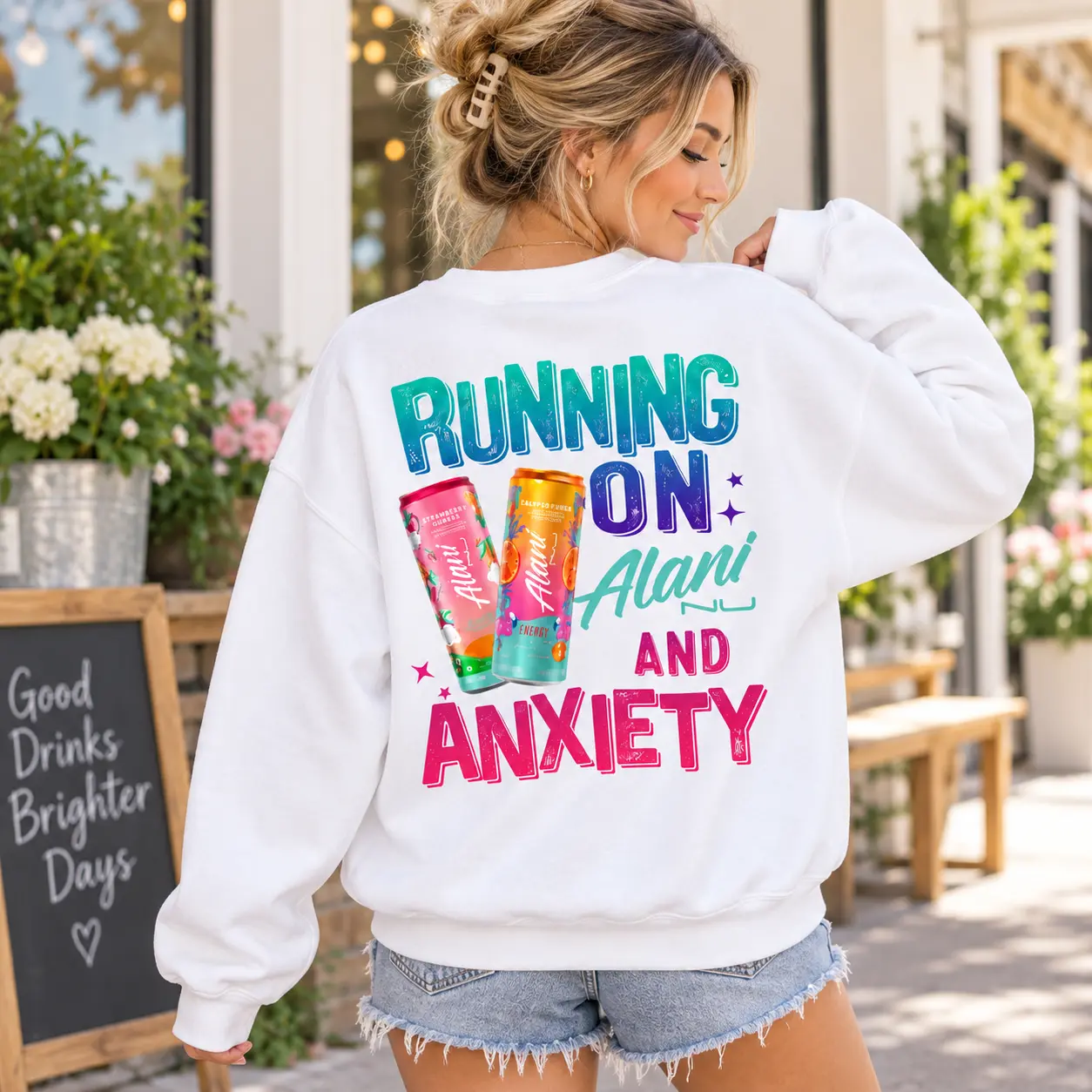 Running On Alani And Anxiety Sweatshirt, Funny Anxiety Sweatshirt, Running on Energy Drinks and Chaos Pullover, Mom Life Graphic Crewneck for Women
