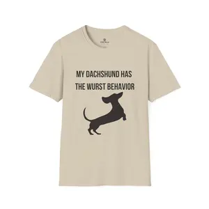 "My Dachshund Has The Wurst Behavior" Graphic T-Shirt,  Minimalist Wiener Dog Silhouette Top