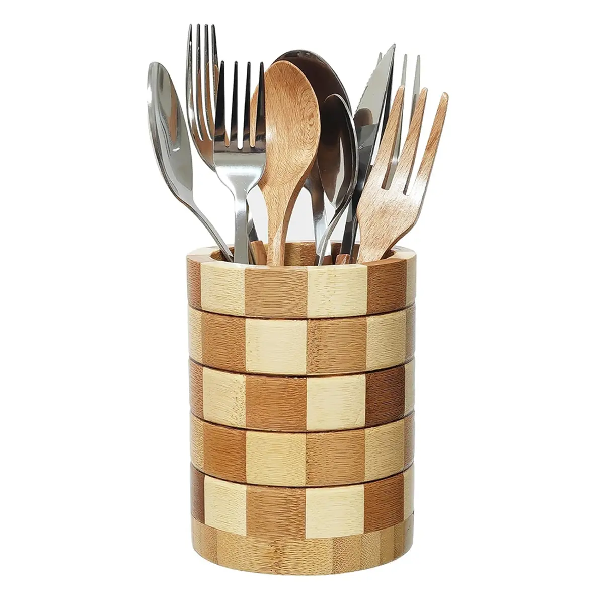Natural Carbonized Wooden Bamboo Silverware Holder - Home Kitchenware Knifeholder with Checkerboard Design, Anti-Slip Base, Ceramic Accent Option, Compact Kitchen Countertop Organizer, Housewarming Gift (As Shown), Tabletop