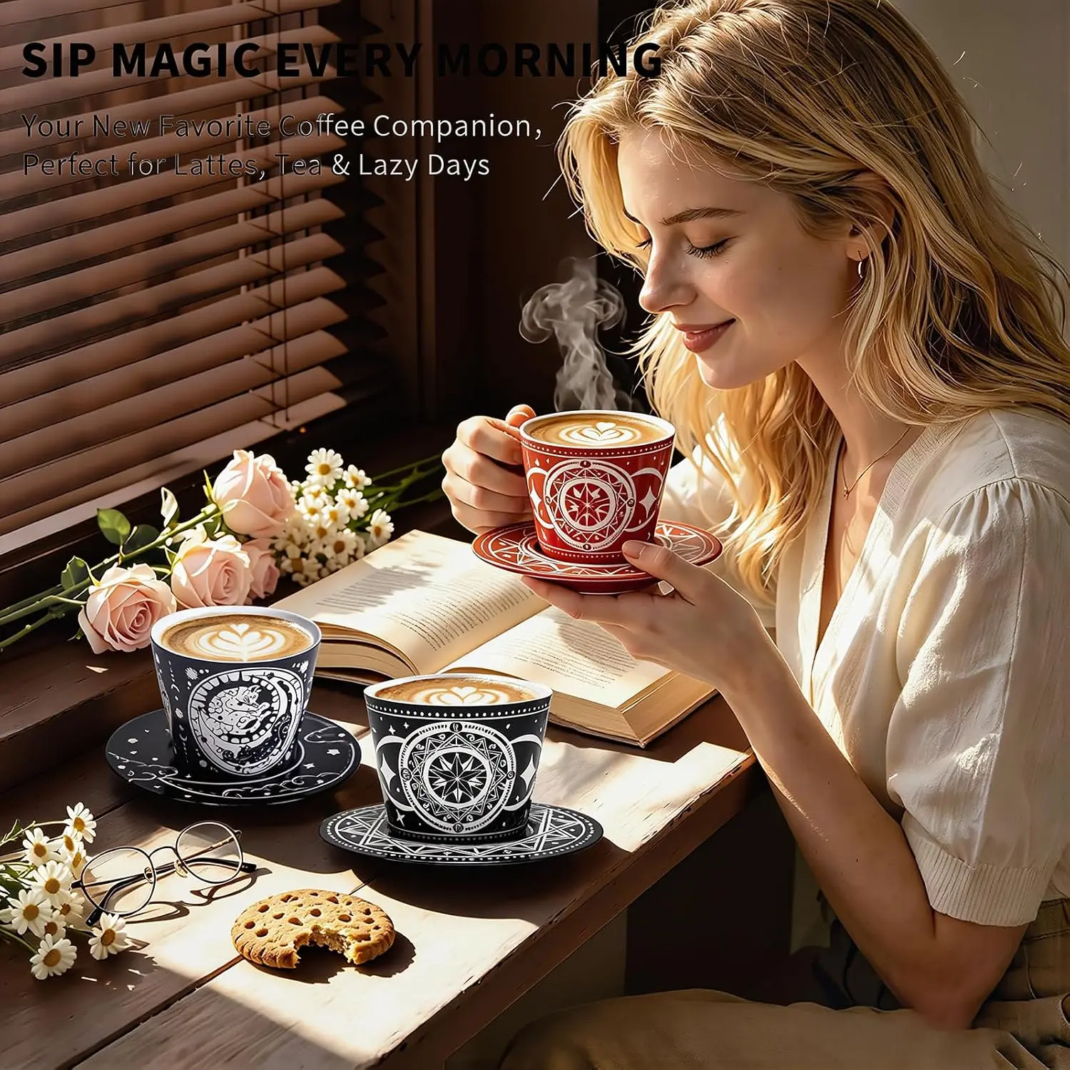 YQ&AMK 8.79 oz Hand-Painted Ceramic Cup & Saucer Set - Matte Black Engraved Jingdezhen High-Fired Porcelain, Magic Circle & Moon Phase Motif, Gothic Unique Kitchenware Drinkware Gift