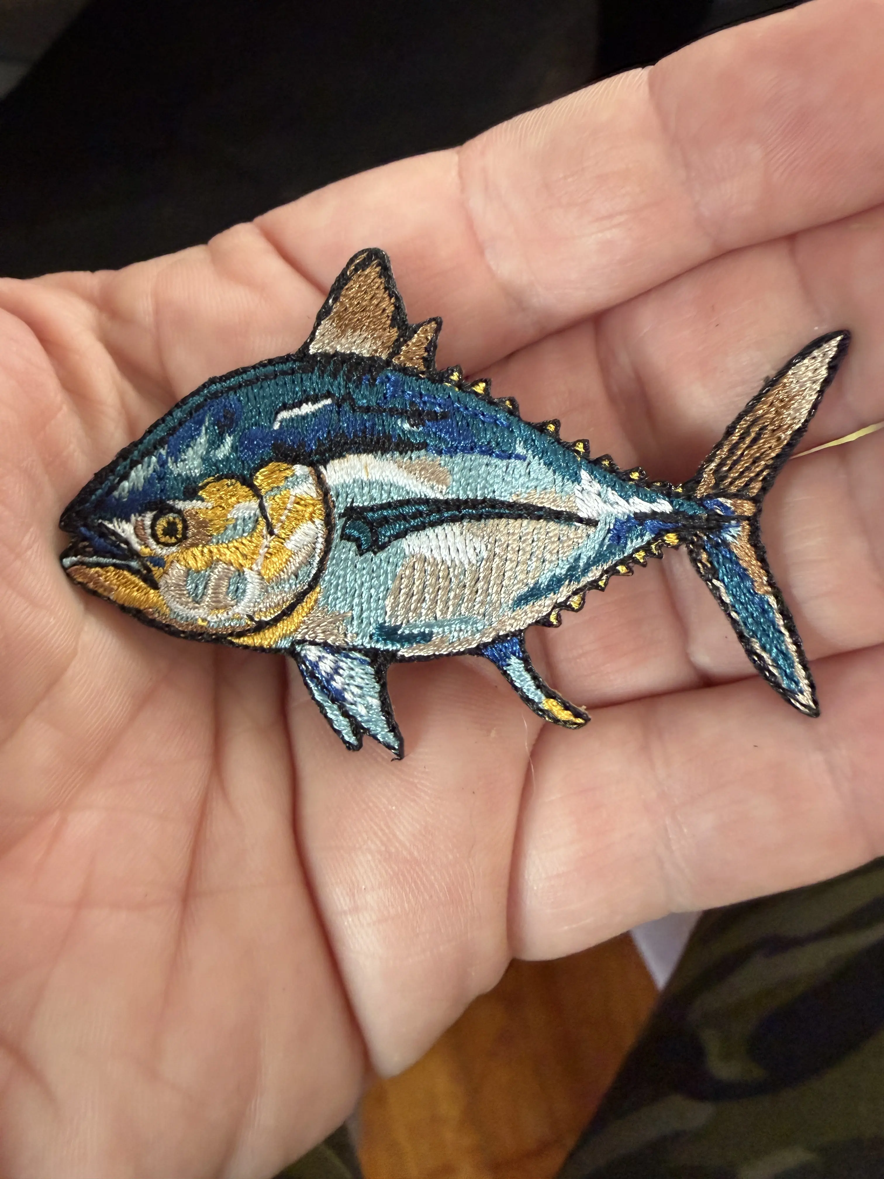 Embroidered Fish Patch 2.5” x 2” – Blue & Gold Tuna Style Iron-On / Sew-On Patch – Ocean Fishing Patch – Jacket, Hat, Backpack Applique