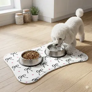 Black Bow Pattern Pet Feeding Mat | Coquette Pink Hearts Bow Placemat for Dogs