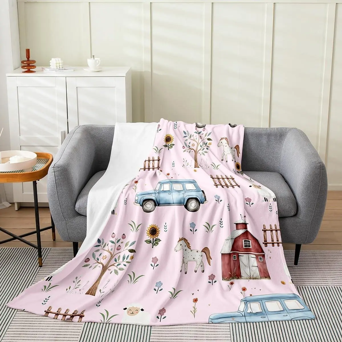 Baby Blankets for Unisex Boys Girls,Farm Animal Nursery Minky Blankets Cartoon Tractor Fleece Blanket Rustic Barn Farmhouse Horse Cow Sheep Sunflower Flannel Blanket,Pink Baby 30x40